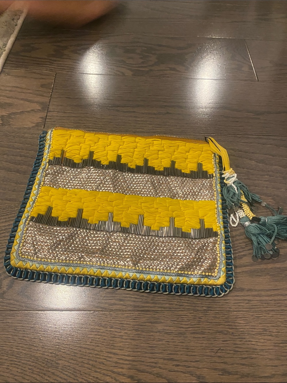 Yellow Woven Beaded Clutch with Tassel